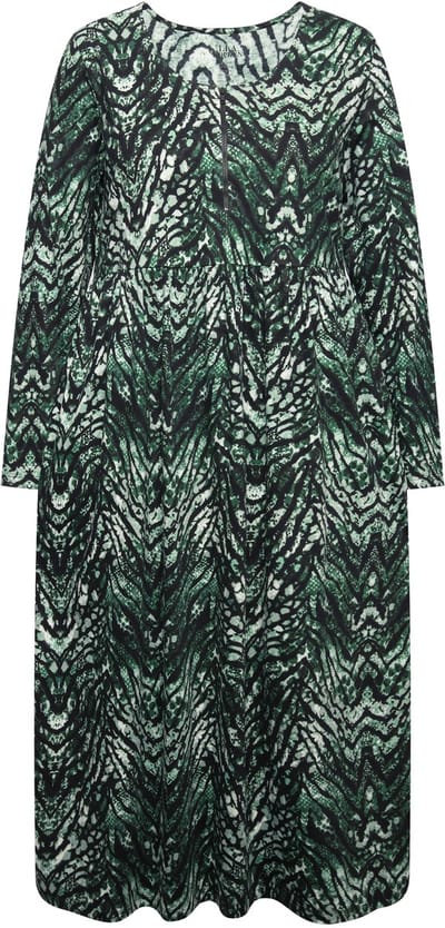 Ulla Popken - Dames - Jersey jurk slangenpatroon A-lijn ronde hals lange mouwen - Groen - Maat 66+