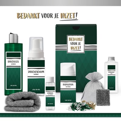 Geschenkset “Bedankt voor je inzet!” - 7 producten - 850 gram - Triomf Cosmetica | Luxe Cadeaubox voor hem Wellness Pakket man Giftset Collega Cadeaupakket Werknemer Vrijwilliger Gift Kerst Kerstcadeau Cadeau Set Relatiegeschenk Goud Groen