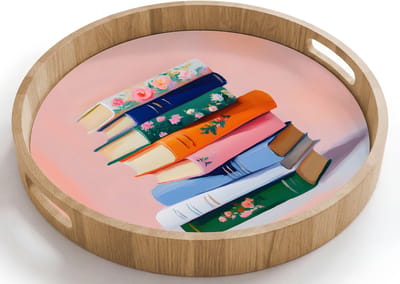 Dienblad rond 40x40 cm - Schootdienblad hout - Boeken - Stapel - Kleurrijk - Borrelplank rechthoek - Plateau houten dienbladen
