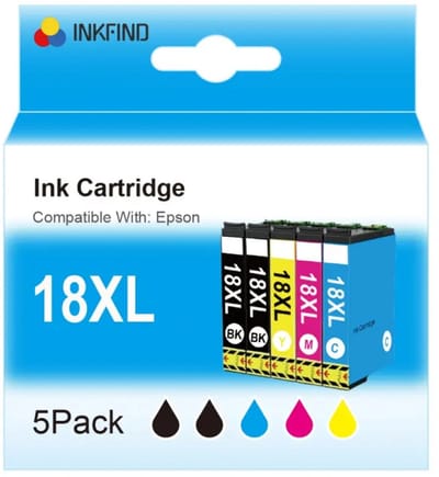 INKFIND 18XL inktcartridge voor Epson18 Epson1811 1812 1813 1814 Epson18XL multipack 5 stuks voor Epson Expression Home XP202, XP205, XP30, XP302, XP305, XP402, XP405, XP412, XP415, XP315, XP312, XP215, XP212, XP225, XP322, XP422, XP425, XP325, XP222