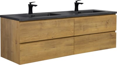 Badplaats Badkamermeubel Set Angela 160 cm – Eiken – Badmeubel met Zwarte Wastafel