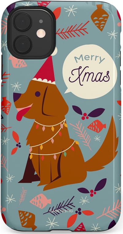 Casetastic hoesje geschikt voor Apple iPhone 11 - Dubbellaagse bescherming - Merry Christmas Hond - Fashion Case - Zilver Bruin Saliegroen Rood