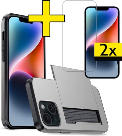Hoesje Geschikt voor iPhone 14 Hoesje Case Pashouder Hard Cover Met 2x Screenprotector - Hoes Geschikt voor iPhone 14 Hoesje Met Kaarthouder - Grijs