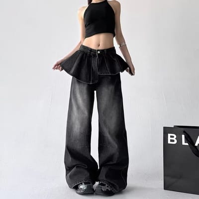 Zwart en Grijs Nep Tweekleurig Design Jeansrokje voor Dames Nieuwe Zomer Gedrapeerde Wijde Pijpen Broek Ademende Stof Praktisch Dagelijks Gebruik L black