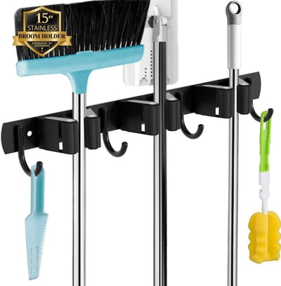Dailygoods- Broomhouder Zware Tool Houder - 3 Houders/4 Haken - Roestvrij Staal - Antislip - Verstelbaar - Duurzaam Materiaal - Gereedschaphouder