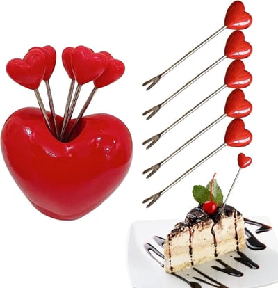 10 stuks Fruitvorkjesset van roestvrij staal - met hartvormige decoratieve standaard - kleine vorkjes voor desserts - saladespiesje - 7,7*6,4*9,4 cm - geschikt voor Valentijnsdag, Moederdag en verjaardagsfeestjes - rood