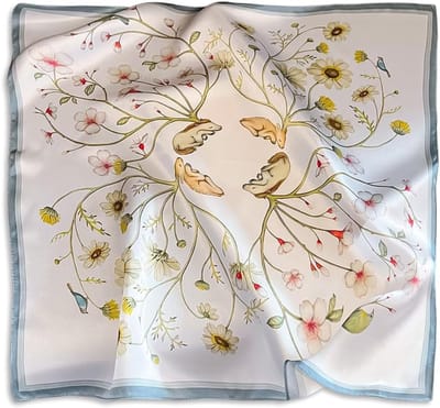 Zijde Sjaal voor Vrouwen, Kleine Vierkante Sjaal met Natuurlijke Patronen, Frisse Bloemen, Multifunctionele Accessoire, 53 x 53 cm, Perfect voor Haar en Outfit