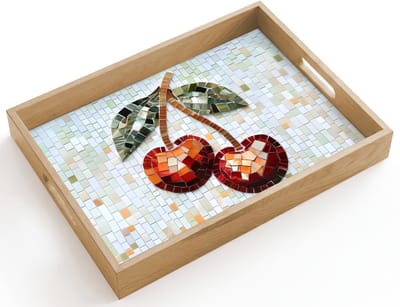 Dienblad hout 40x30 cm - Schootdienblad - Kersen - Rood - Mozaïek - Blaadjes - Borrelplank rechthoek - Plateau dienbladen