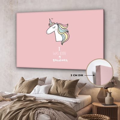 Canvas schilderij kinderen - Muurdecoratie kinderkamer - Unicorn - I was born a unicorn - Quotes - Roze - Spreuken - Wanddecoratie meisjes - Canvasdoek kinderen - 150x100 cm
