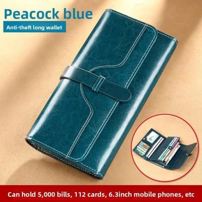Pochette en cuir Portefeuille long pour femme Multi-emplacements pour cartes Sac multifonction pour téléphone portable Grande capacité Portefeuille polyvalent Porte-cartes Sac à main bleu paon
