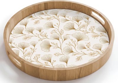 Dienblad rond 40x40 cm - Schootdienblad hout - Ginkgo - Takken - Goud - Borrelplank rechthoek - Plateau houten dienbladen