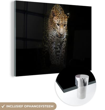 MuchoWow® Glasschilderij 160x120 cm - Schilderij acrylglas - Luipaard - Reflectie - Zwart - Foto op glas - Schilderijen