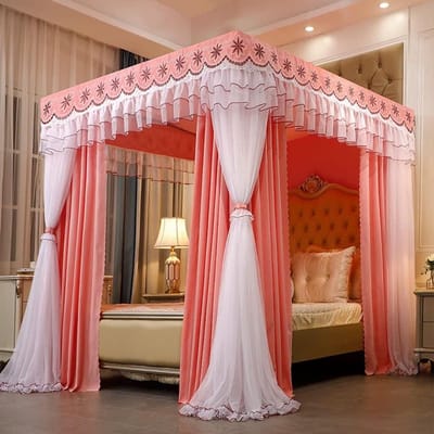 Hemelbed Gordijnen - Hemelbed Hoes - Slaapkamer Decoratie - Dubbellaags Kant - 200x220x200 cm - Oranje Roze
