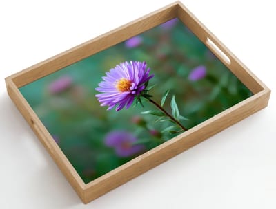 Dienblad hout 50x35 cm - Schootdienblad - Aster - Paars - Bloem - Blaadjes - Borrelplank rechthoek - Plateau dienbladen
