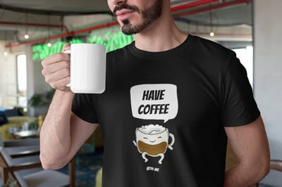 Shirt - Have coffee with me - Wurban Wear | Grappig shirt | Koffie | Unisex tshirt | Koffiezetapparaat | Koffiebonen | Wit, Zwart & Licht blauw