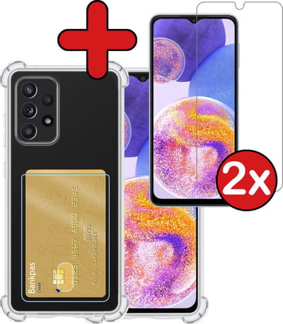 Hoesje - Geschikt voor Samsung Galaxy A23 - Met 2x Screenprotector - Pashouder - Kaarthouder - Back Cover - Telefoon Hoes Shockproof - Siliconen Case - Shock Proof - Pasjes Houder - Telefoonhoes - Transparant