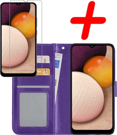 Hoesje Met Screenprotector - Geschikt voor Samsung Galaxy A02s - Luxe Pasjeshouder - Bookcase Portemonee - Flip Case - Kunstleer Book Case - Flipcase - Book Cover - Walletcase - Portemonneehoes - Paars