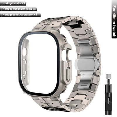 【Voordeelbundel】Stravo RVS metalen bandje + beschermhoes met glas + bandinkorter – Geschikt voor Apple Watch Ultra 3/2/1 (49mm) – Titaniumkleur