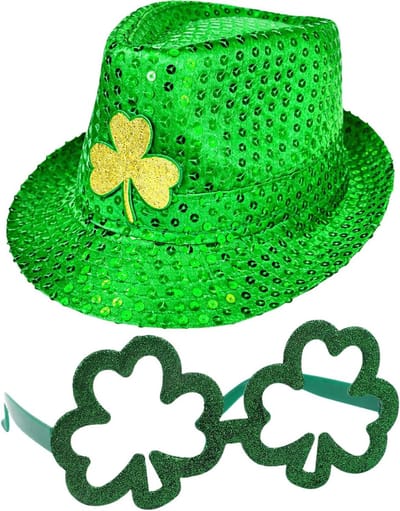 St Patricks Daghoed met klaverbril, groene Ierse pailletten Trilby hoed & feestelijke accessoires voor St Patrick's Day kostuum en party outfit voor mannen en vrouwen