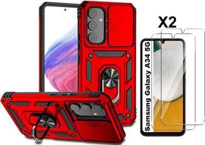 Hoesje Geschikt Voor Samsung Galaxy A34 hoesje Rood met Ring Houder en camera bescherming - Galaxy A34 Screenprotector - 2 stuks