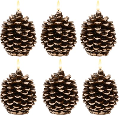 Anna's Collection LED dennenappel kaars - 6x - bruin - 10 x 8.5 cm - met timer