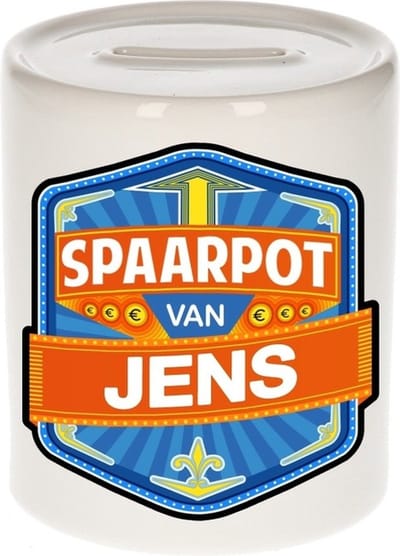Bellatio Decorations Kinder spaarpot met naam - Jens - keramiek - met dop - wit - Sparen - Spaargeld van Jens