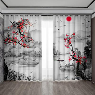 2 stuks Home Decoratie Gordijnen, Sneeuwzoekende Pruimenbloesem met Tunnelgordijnen, Keuken, Koffiehuis, Woonkamer, Balkon 105x230cm&Without mount