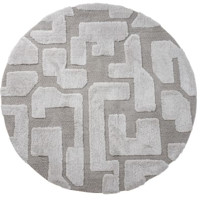 Vloerkleed Liana Beige Rond ø160 cm - Design Hoog-Laag Vloerkleed met Grafisch Labyrint Patroon in Scandinavische / Japandi Stijl