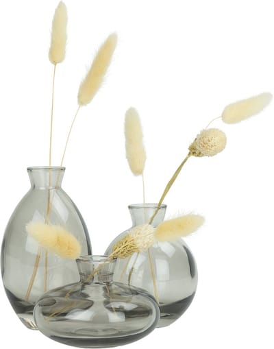 QUVIO Vazen set van 3 - Vaas voor droogbloemen - Glazen vaas - Bloemenvaas - Woonaccessoires voor bloemen en boeketten - Decoratieve accessoires - Bruiloft - Verjaardag - Glas - Transparant grijs