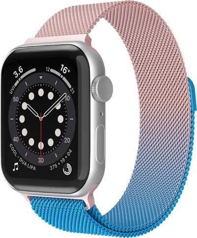 Bandje geschikt voor Apple Watch - 44mm - 45mm - 46mm - 49mm - Series 4/5/6/SE/7/8/Ultra/Ultra 2/Ultra 3/ Watch 10 & Watch 11 - RVS - Magnetisch bandje - Rose/Blauw