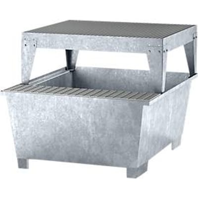 IBC-station ASECOS, staal, met rooster, vulblok en vorkheftruckschoenen, B 1350 x D 1650 x H 1180 mm, verzinkt