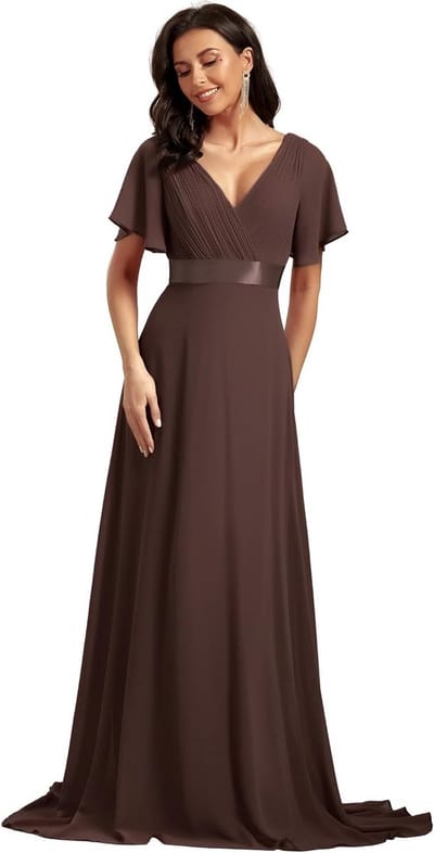 Klassieke Chiffon Bruidsmeisjesjurk met V-hals en Korte Mouwen