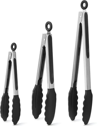 TOVBMUP 3 Stuks Keukentang - Grilltang - Hittebestendige Tang met Getande Siliconenkop - Geschikt voor Koken en Grillen - RVS en Siliconen - 18 cm, 23 cm en 30 cm - Antislip Handvat met Vergrendelring