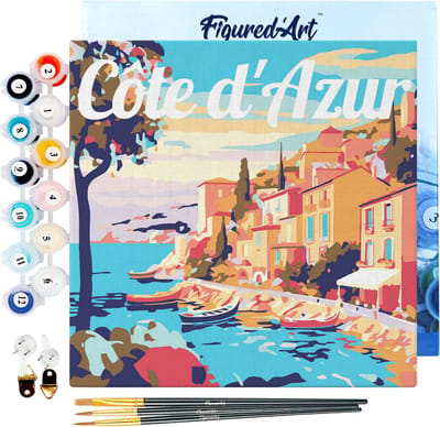 Figured'Art Mini Schilderen op Nummer Volwassenen 20x20cm met lijst Reisposter Cote d'Azur - Klein Formaat Creatieve Hobby Kit DIY Art Nummer Compleet