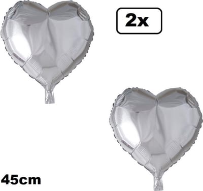 2x Folieballon Hart zilver (45 cm) - trouwen huwelijk bruid hartjes ballon feest festival liefde white