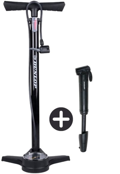 Dunlop Fietspomp met Drukmeter en Mini Fietspomp Set - Vloerpomp tot 180 PSI met Adapter - Compacte Handpomp voor Onderweg - Geschikt voor Presta Dunlop Schrader - Zwart