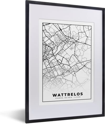 Fotolijst incl. Poster Zwart Wit- Frankrijk – Kaart – Plattegrond – Stadskaart - Wattrelos - Zwart wit - 30x40 cm - Posterlijst