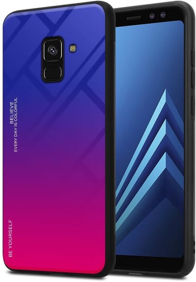 Cadorabo Hoesje geschikt voor Samsung Galaxy A8 2018 in PAARS - ROOD - Tweekleurige beschermhoes van TPU-silicone Case Cover en achterzijde van gehard glas