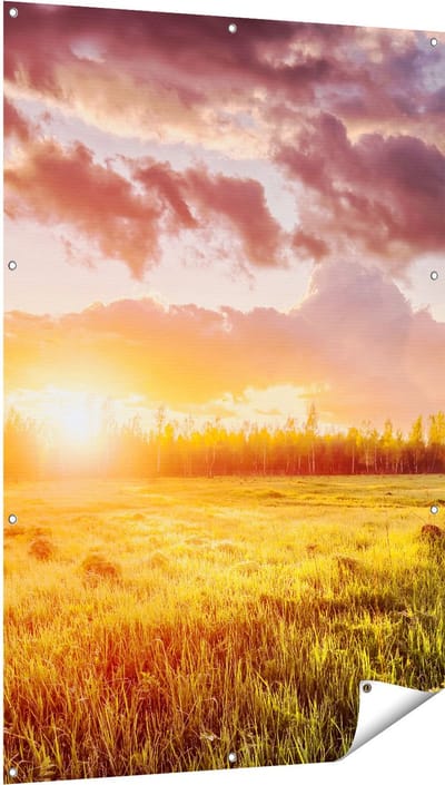 Gards Tuinposter Zonsopkomst in het Veld - 100x150 cm - Tuindoek - Tuindecoratie - Wanddecoratie buiten - Tuinschilderij