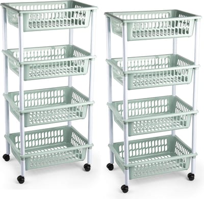 Plasticforte opberg trolley - roltafel - met 4 manden - groen - set 2x stuks - 40 x 50 x 85 cm - Etagewagen - kar met opbergkratten - kunststof