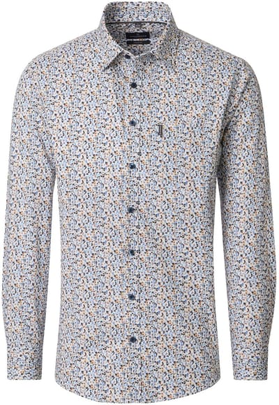 CASA MODA Sport casual fit overhemd - popeline - wit met blauw en bruin dessin - Strijkvriendelijk - Boordmaat: 45 - 46
