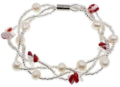 Zoetwaterparel en edelstenen armband Twine Pearl Red Agate - echte parels - wit - rood - zilver - magneetslot - sieraden zakje - parel armband dames