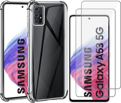 Hoesje geschikt voor Samsung Galaxy A53 - Anti Shock Proof Siliconen Back Cover Case Hoes Transparant - 2x Tempered Glass Screenprotector