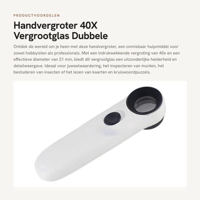 Handvergroter - 40X Vergrootglas - Dubbele Verlichting - Wit - Juweelwaardering - Inspectie van Munten en Insecten - Geschikt voor Hobbis...
