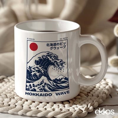 Ekkos Hokkaido Wave Koffiemok - Japanse Kunst - Wit Oor - 325ml - Cadeau voor Hem / Haar - Japanse Golf - Kado Tip - Keramiek