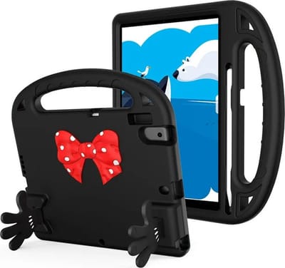 Kinderhoes - Schokbestendig - Lichtgewicht - Boogknoop Schattig - Handvat Kickstand Geschikt voor: Apple iPad 10.2 inch 9e/8e/7e generatie - 2021/2020/2019 - Zwart