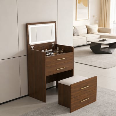 Intebiki - Kaptafel - 3-in-1 kaptafel (met open spiegel) - Draagbare kaptafel - Compacte kaptafel met 3 lades - Walnootkleur - 60 cm (B) / 118 cm (H) / 40 cm (D) - Kaptafel, nachtkastje en stoel