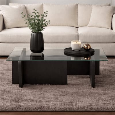 Dimehouse Salontafel Zwart Hout Melamine Glas Opal 105x65x30 cm - 105 x 65 x 30 cm - Glas - Japandi - Rechthoek