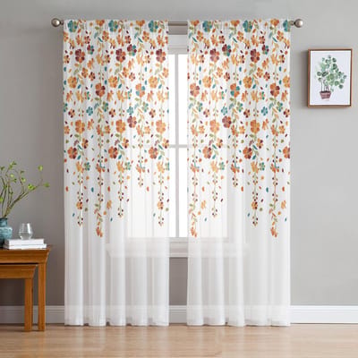 Oranje Bloem Witte Achtergrond Transparante Gordijnen Voor Woonkamer Slaapkamer Huisdecoratie Keuken Tule Voor Ramen Voile Gordijnen 135W x 114H(cm) white