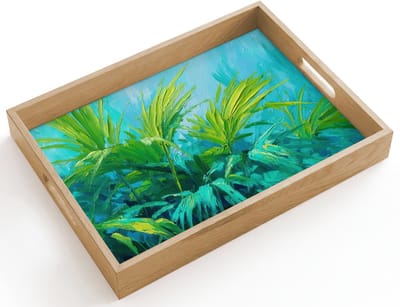 Dienblad hout 40x30 cm - Schootdienblad - Bladeren - Groen - Schilderij - Abstract - Borrelplank rechthoek - Plateau dienbladen